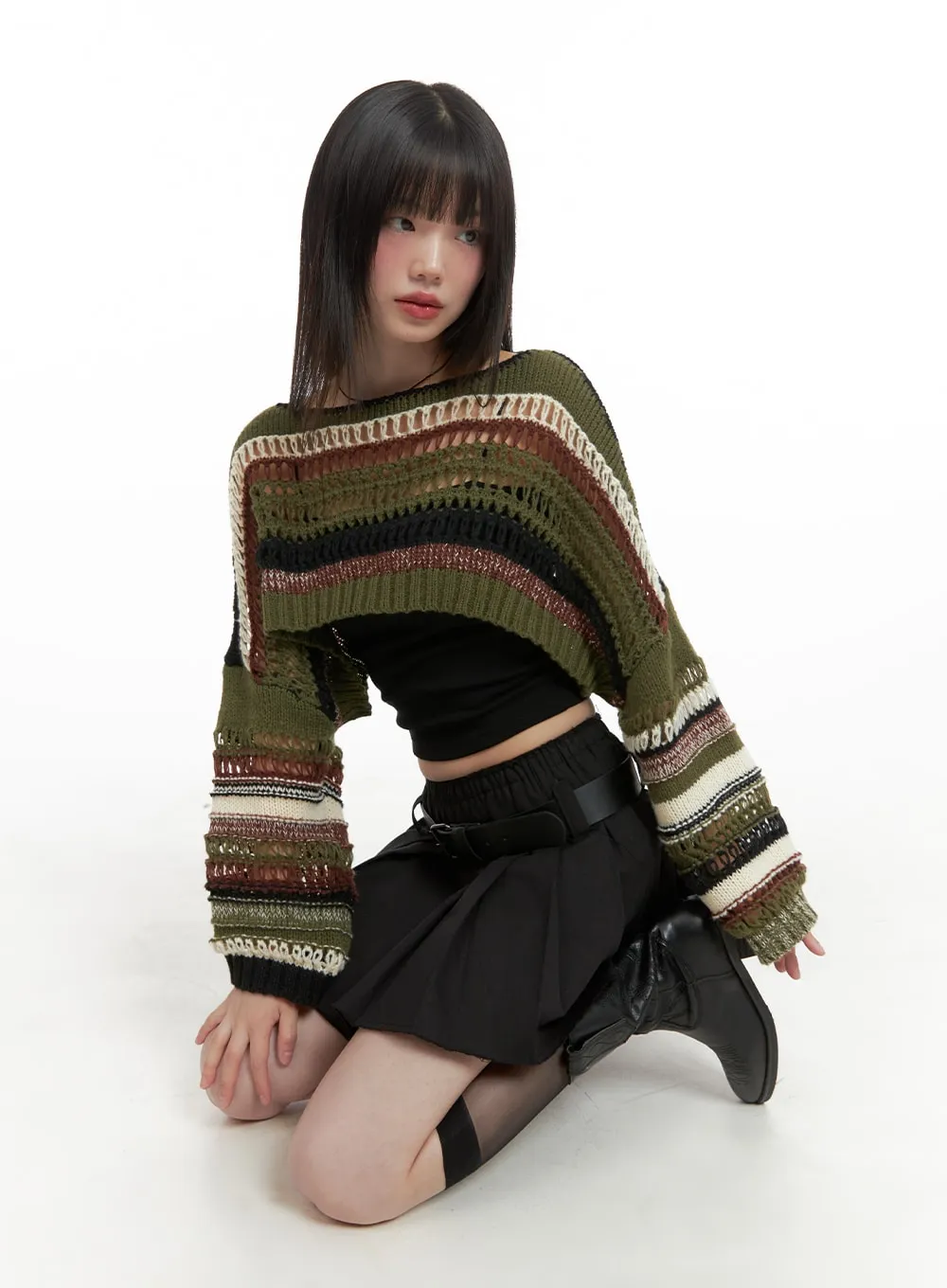 Striped Crochet Crop Sweater CA411