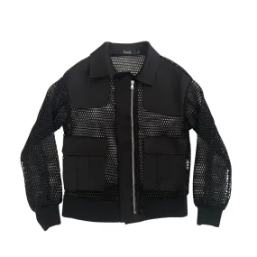 Structured Contrast Mesh Bomber Jacket Black SIZE M