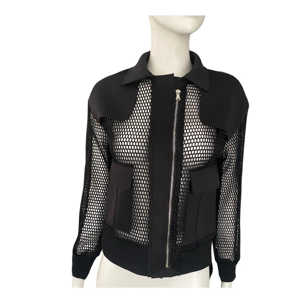 Structured Contrast Mesh Bomber Jacket Black SIZE M