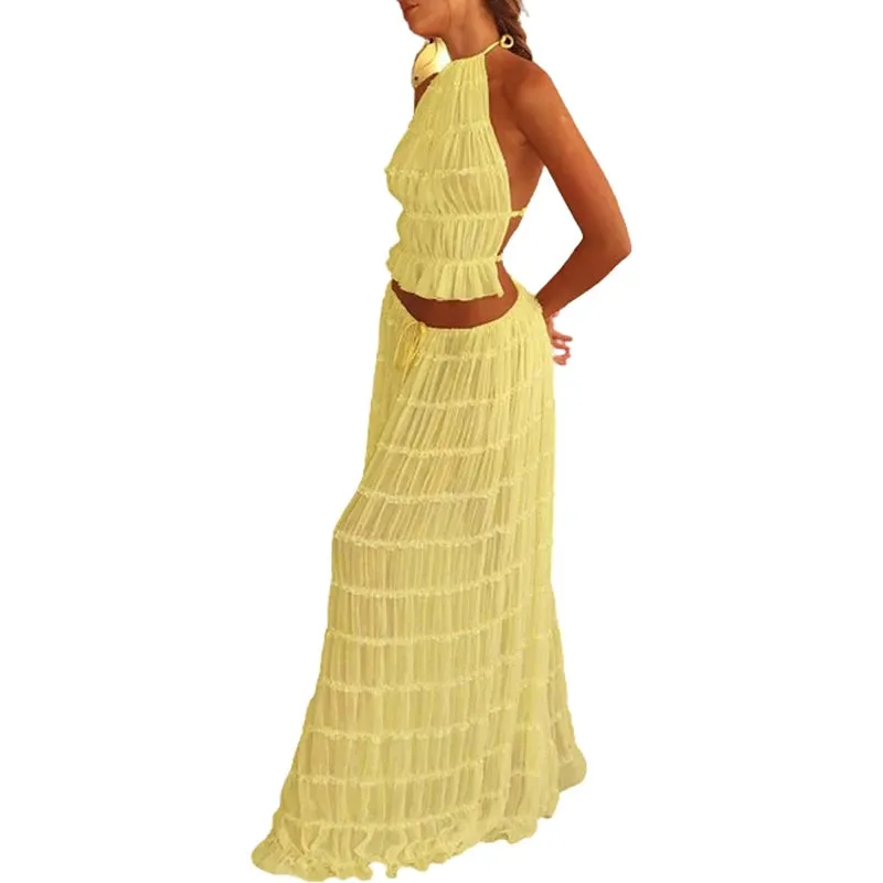 Summer's Ruched Halter Cami Tops   Maxi Skirt 2 Piece Set