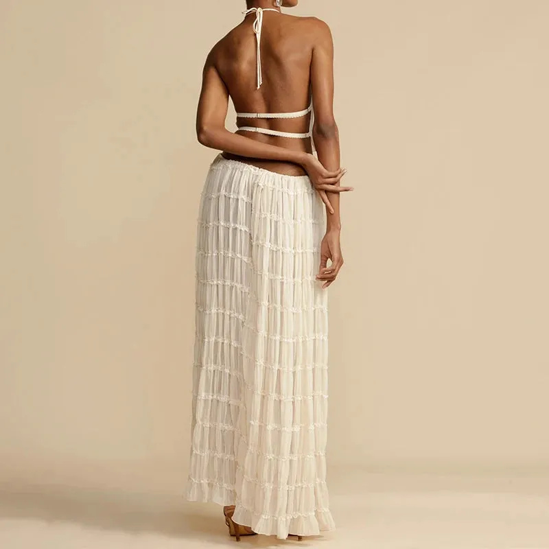 Summer's Ruched Halter Cami Tops   Maxi Skirt 2 Piece Set