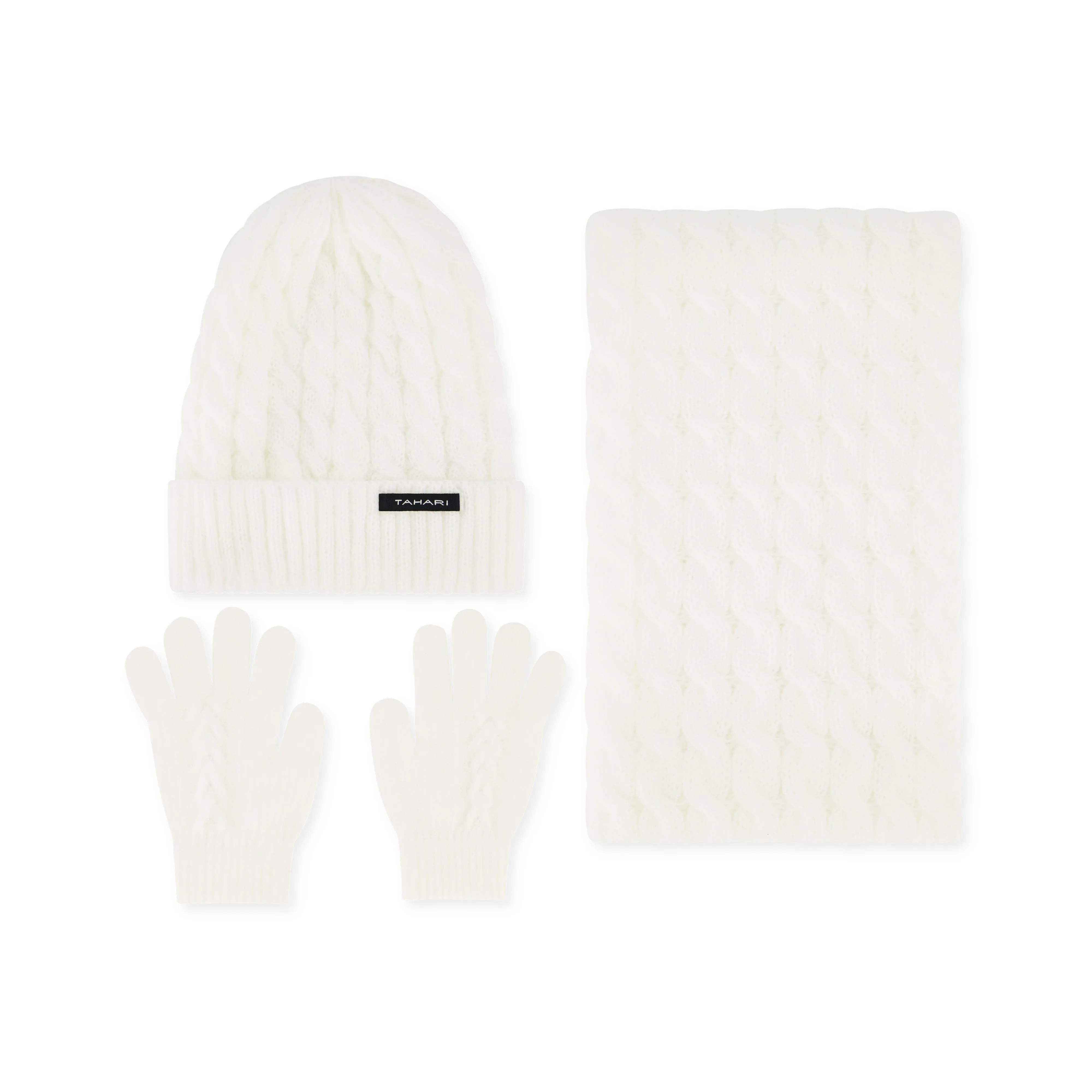 Tahari Women's Cable Knit Beanie with Plush Lining, Gloves, and Infinity Scarf Set