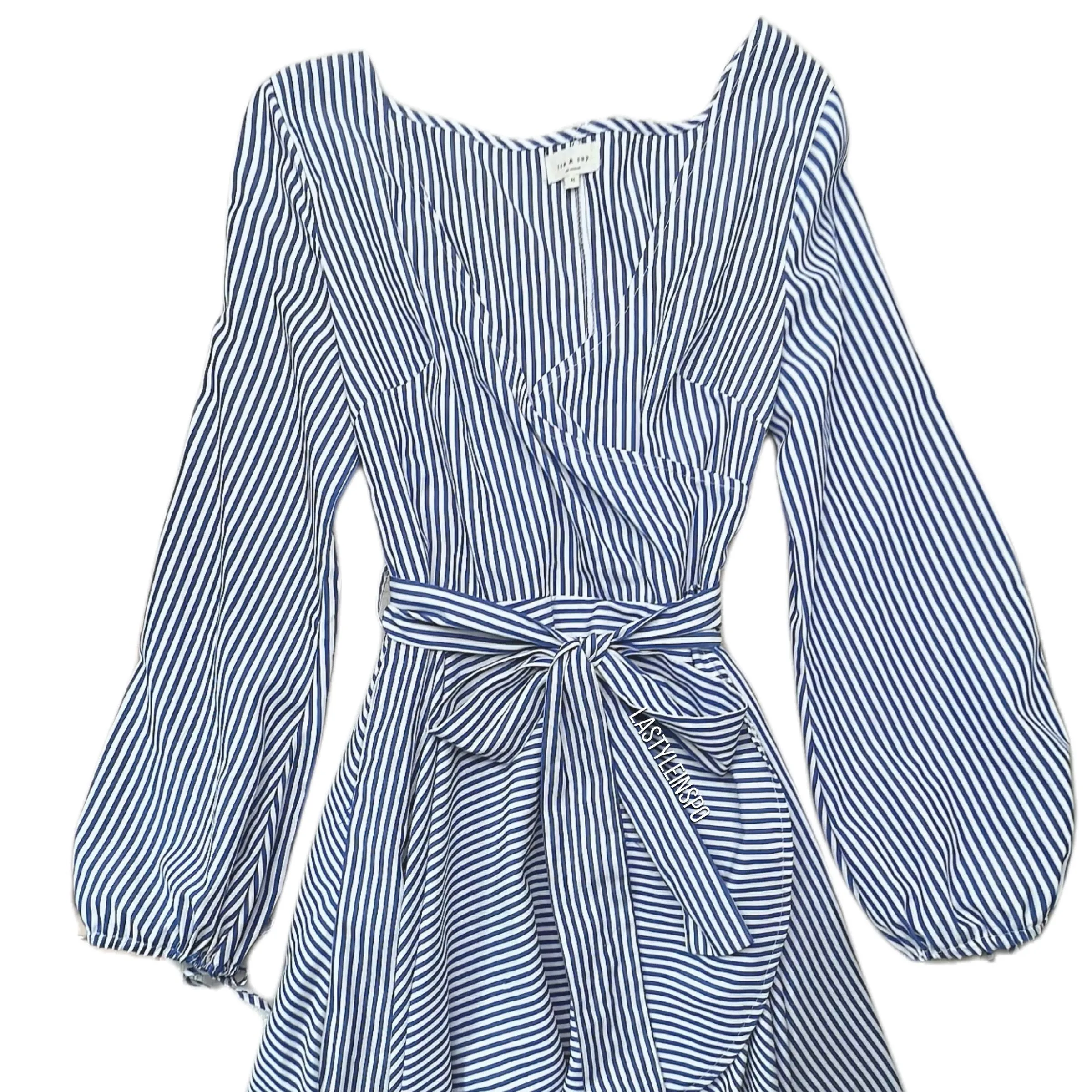 Tea & Cup Asymmetrical Dress Puffed Long Sleeved Stripped Blue Size M