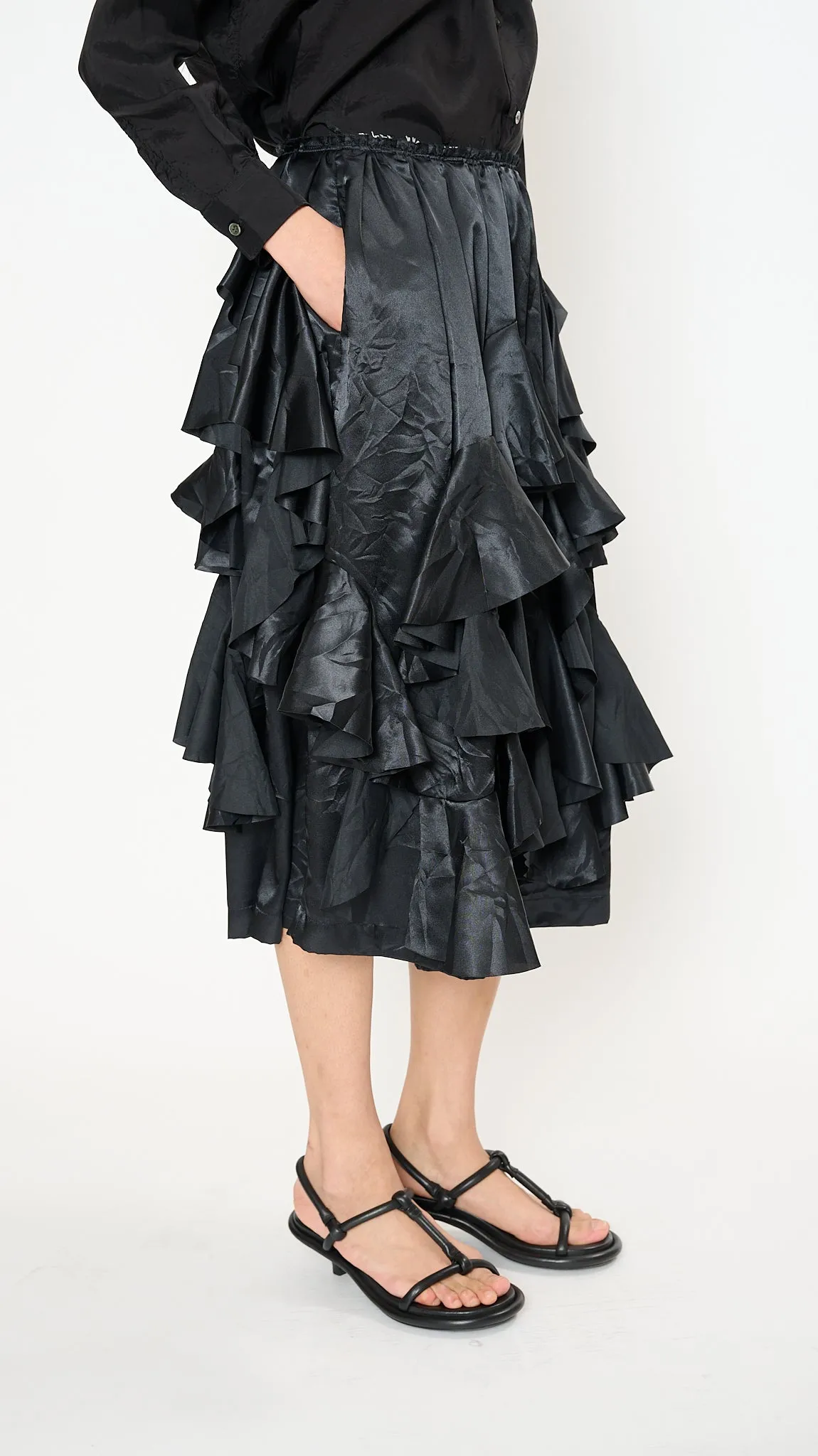 Tiered Ruffle Midi Skirt in Black