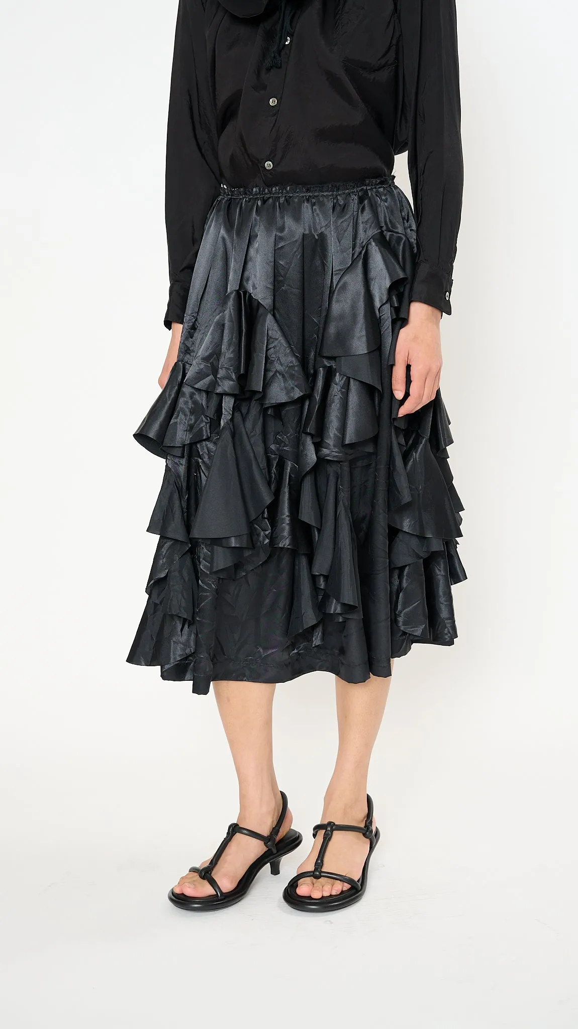 Tiered Ruffle Midi Skirt in Black