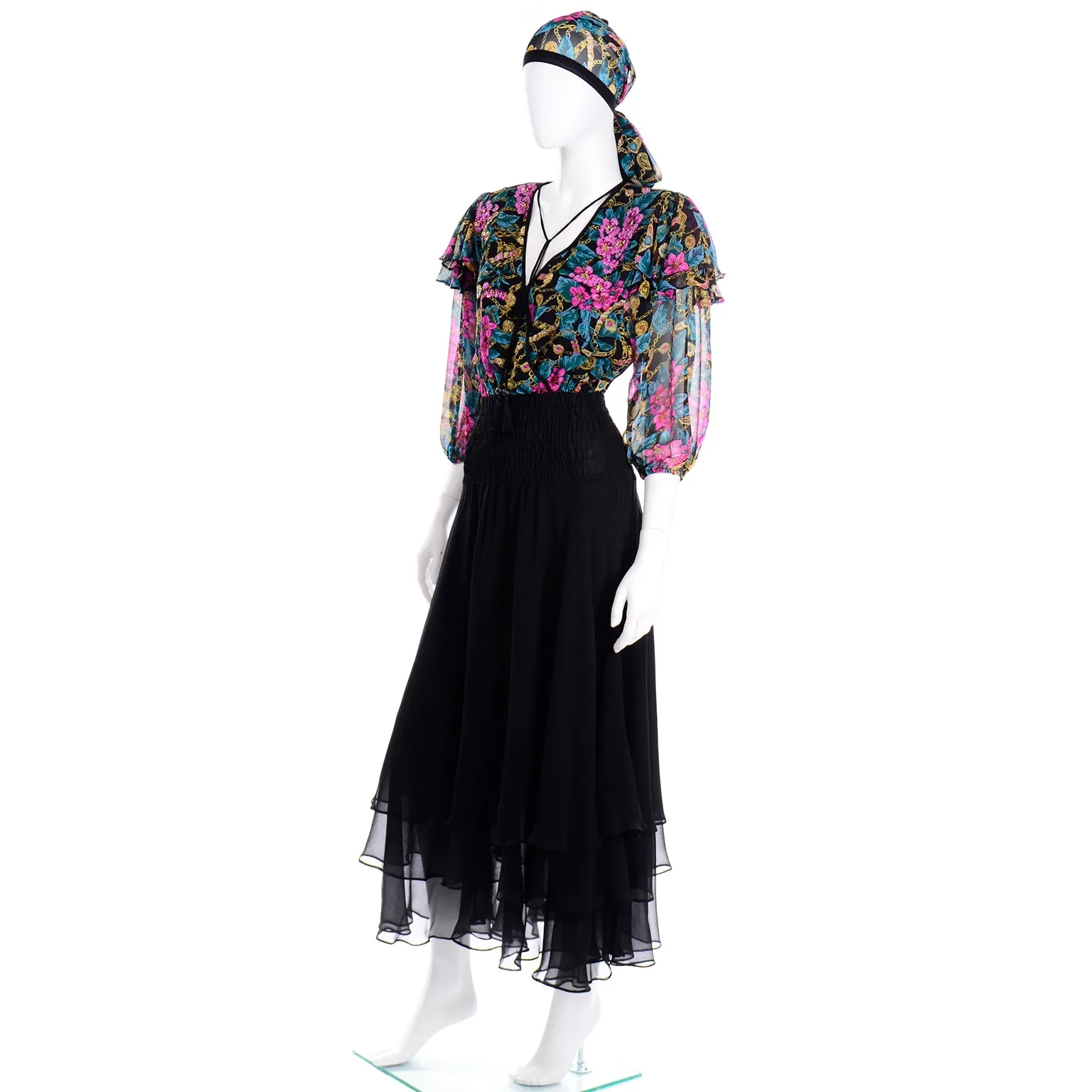 Vintage Diane Freis Limited Edition Silk Dress With Beading Tassels and Head Scarf