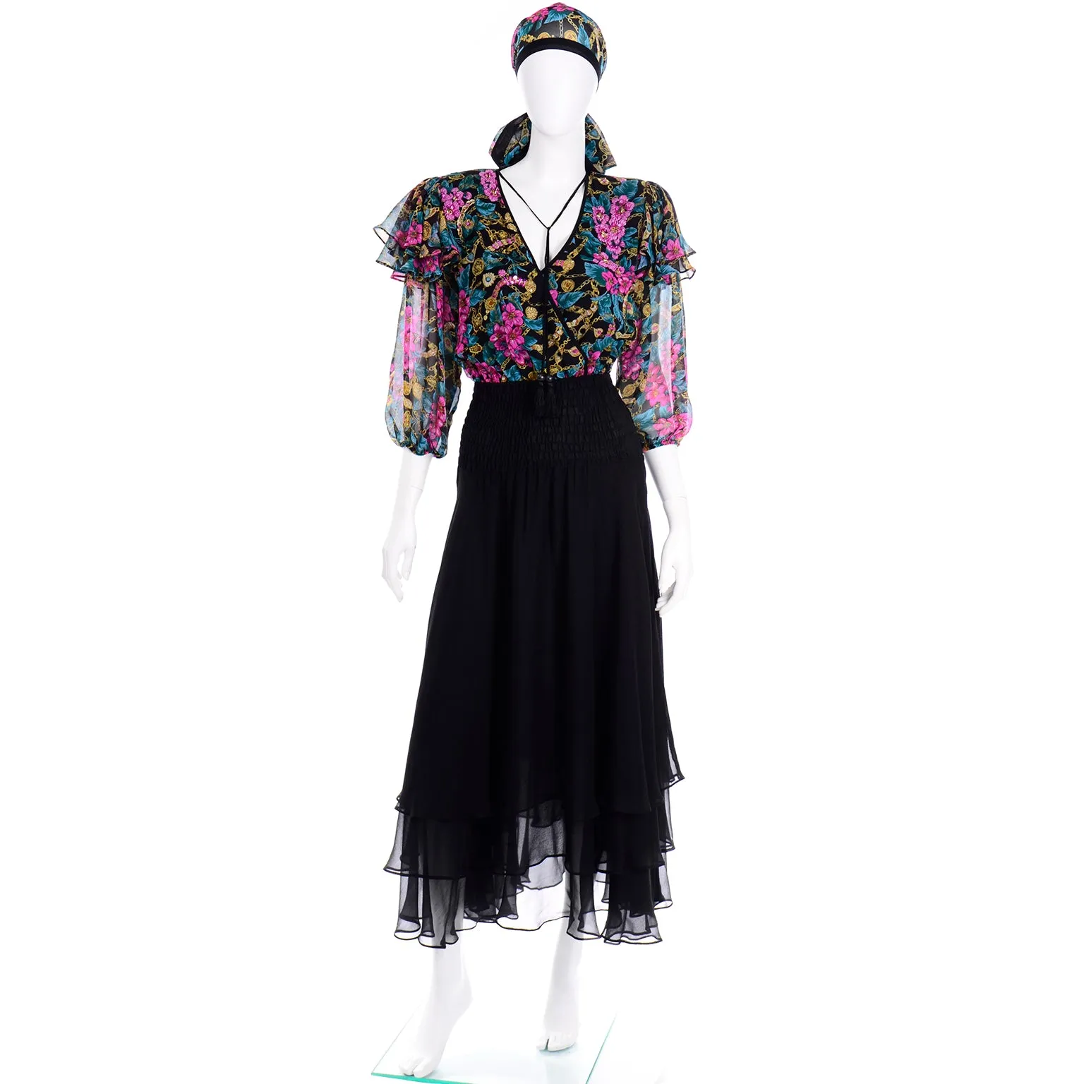 Vintage Diane Freis Limited Edition Silk Dress With Beading Tassels and Head Scarf