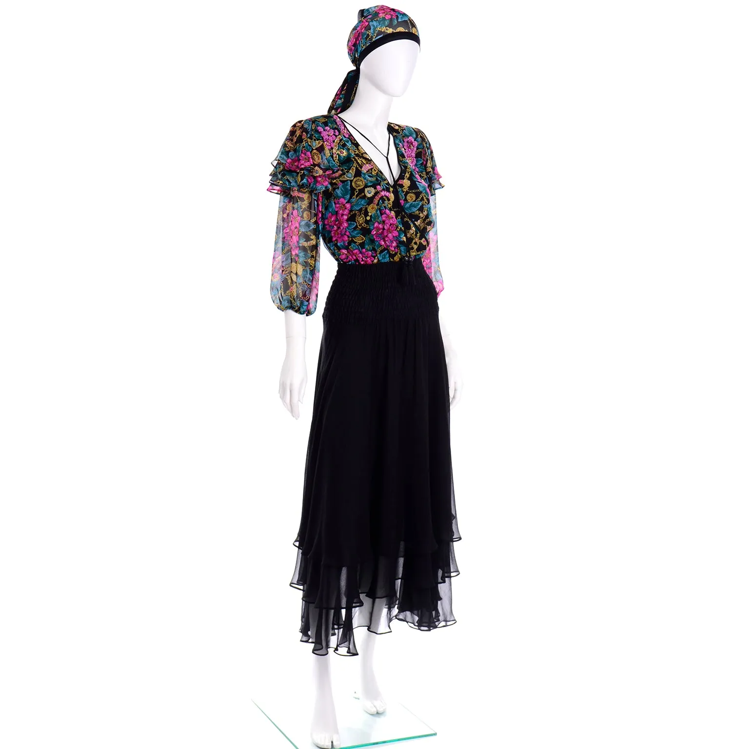 Vintage Diane Freis Limited Edition Silk Dress With Beading Tassels and Head Scarf