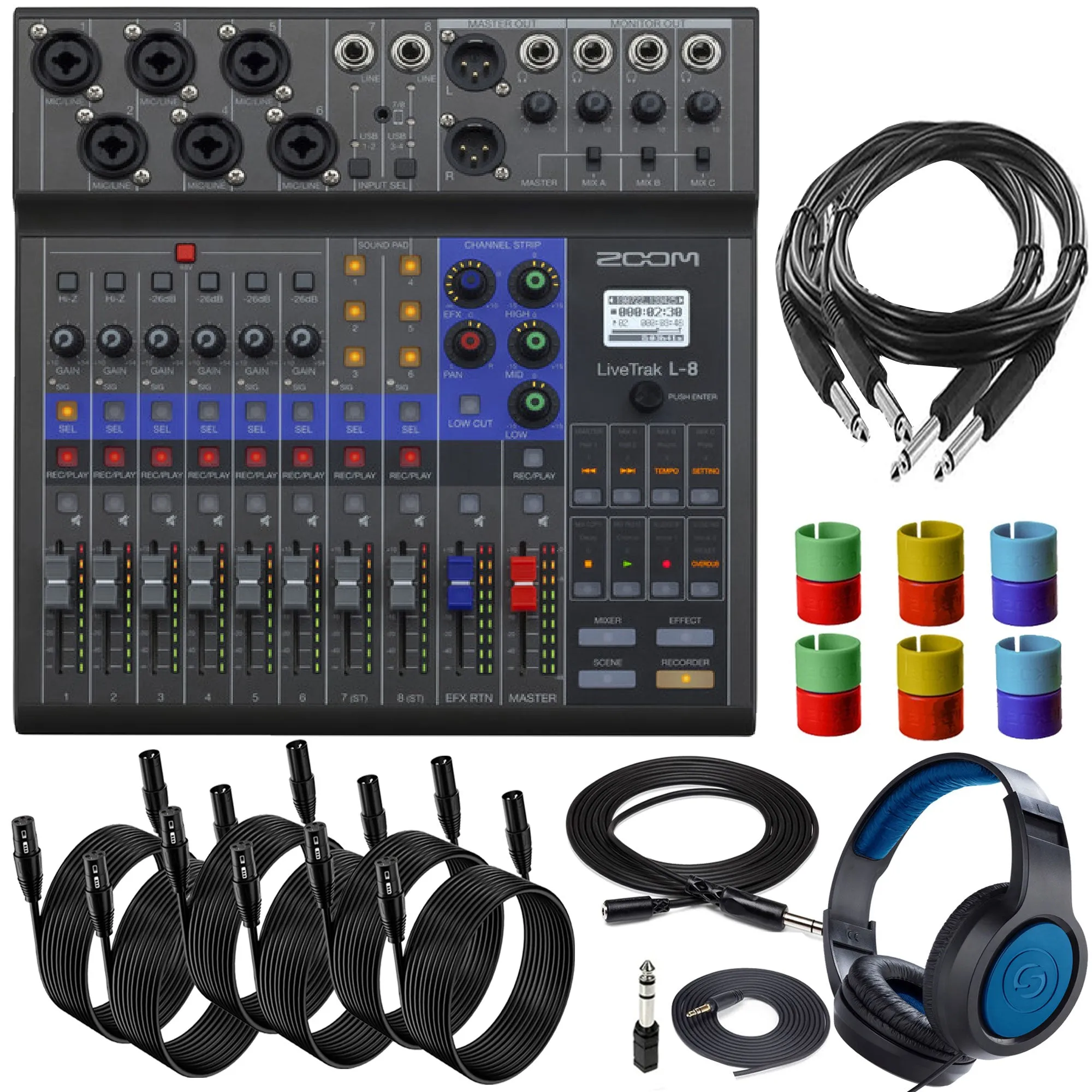 Zoom LiveTrak L-8 Portable Podcast Digital Mixer Multitrack Recorder with Samson SR350 Over-Ear Stereo Headphones and XLR Cables Accessory Bundle